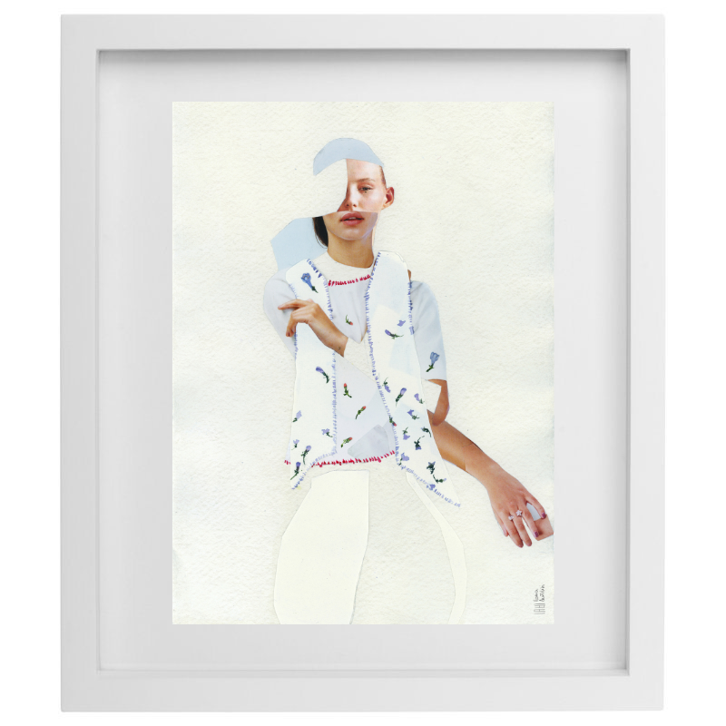 Fashion collage artwork in a white frame