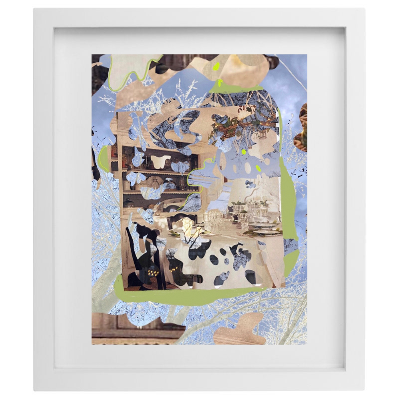Abstract collage artwork with pastel colour palette in a white frame
