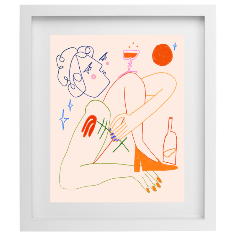 Abstract female form colourful line artwork in a white frame