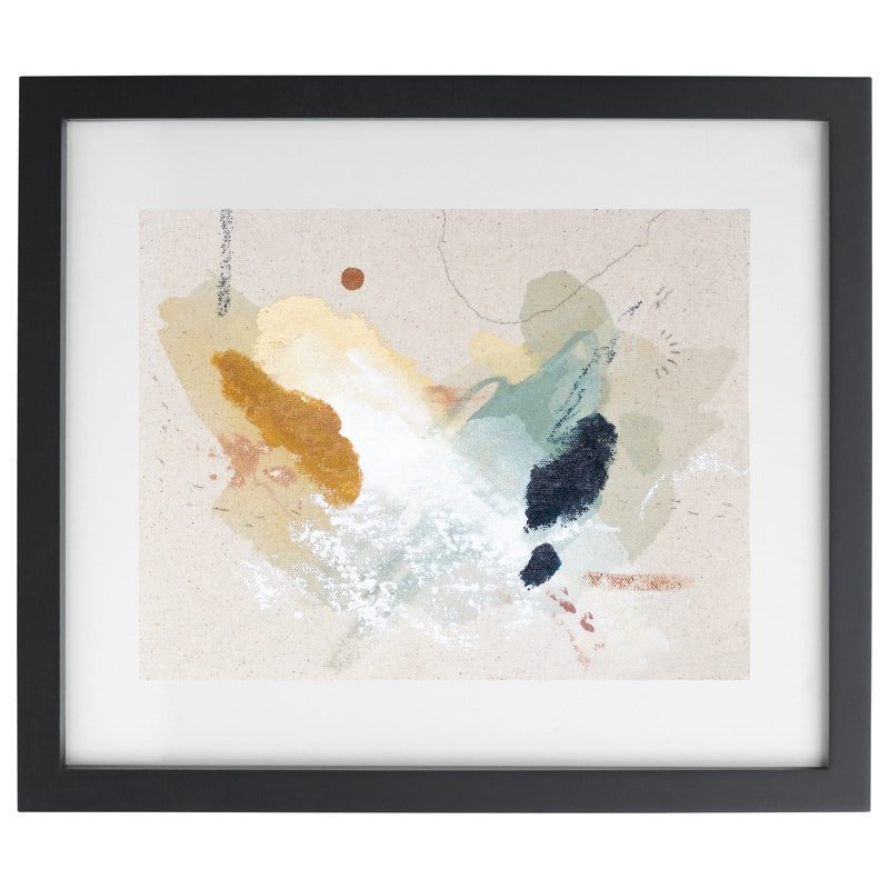 Abstract blue, orange, and beige artwork in a black frame