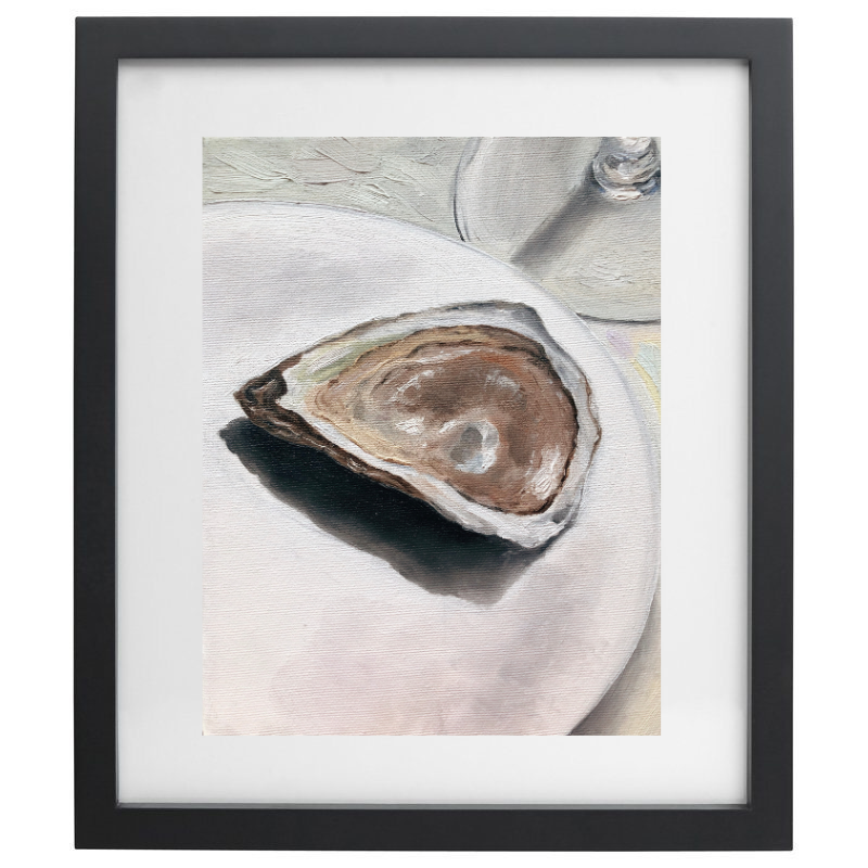 Realistic oyster artwork in neutral colours in a black frame