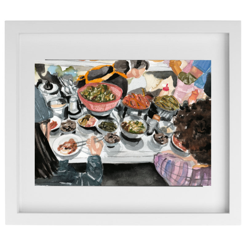 Watercolour Korean food artwork in a white frame