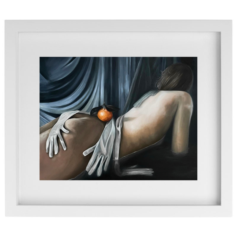 Realistic female figure with oranges and gloves artwork in a white frame