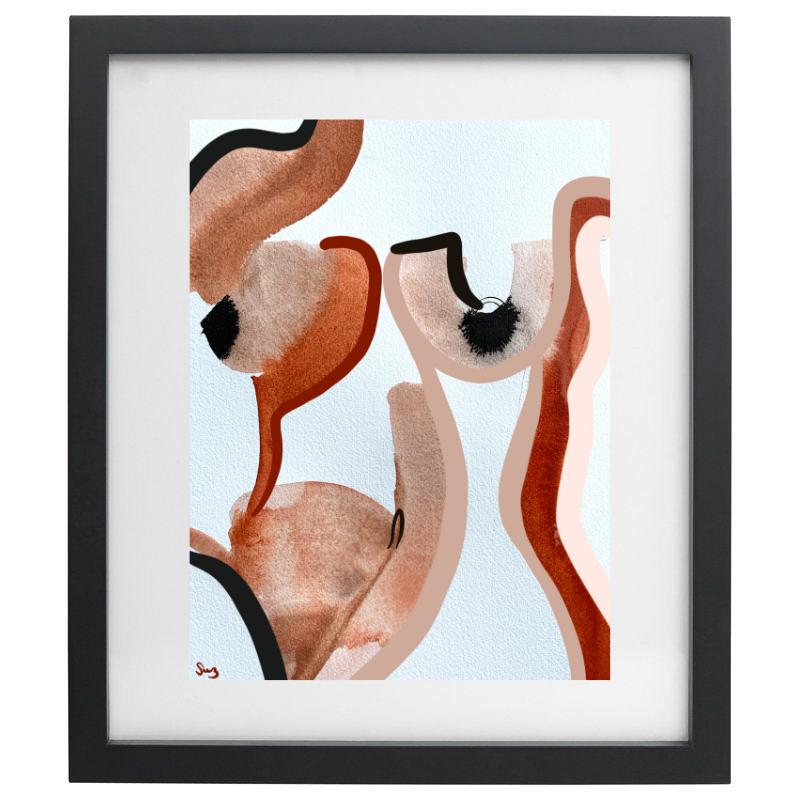 Abstract pinks and browns artwork in a black frame