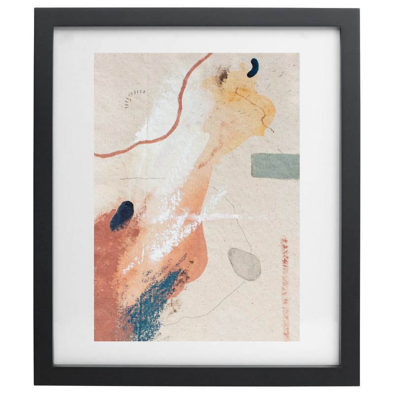 Abstract orange and blue artwork in a black frame