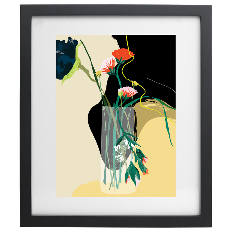 Colourful flowers still life artwork in a black frame