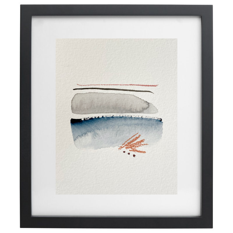 Minimalist abstract blue and grey watercolour artwork in a black frame