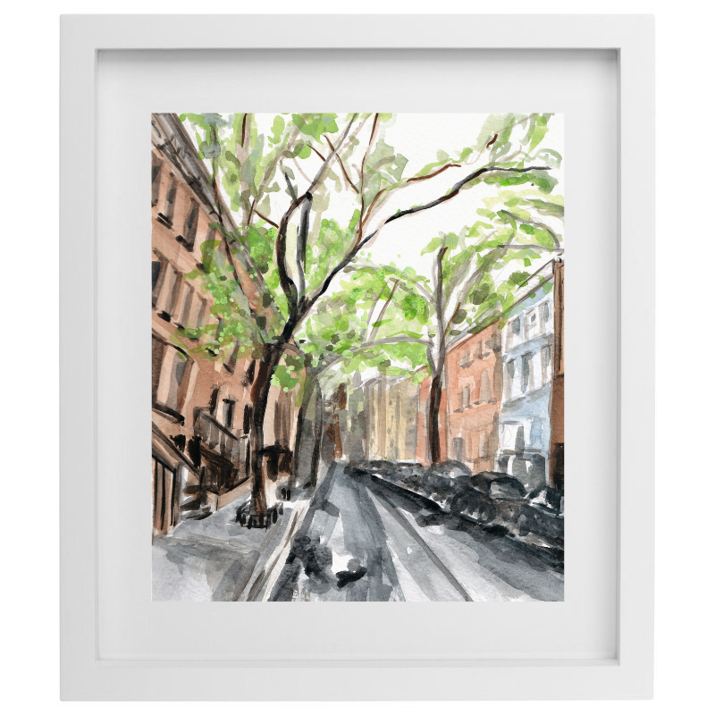 New York street watercolour artwork in a white frame