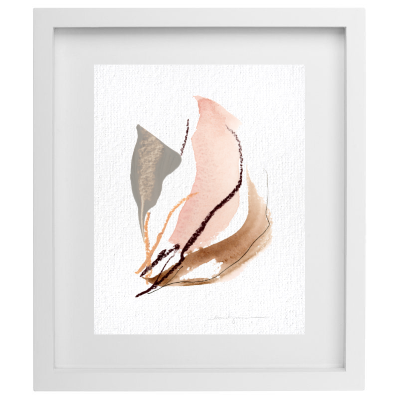 Pink, grey, and brown minimalist artwork in a white frame