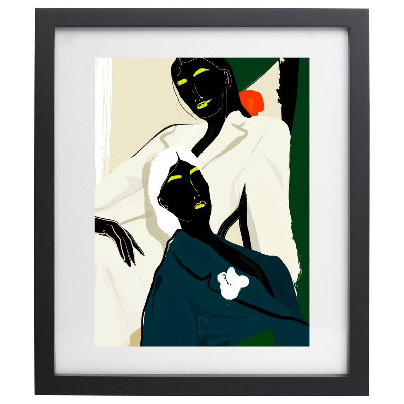 Minimalist colour blocked female figure artwork in a black frame