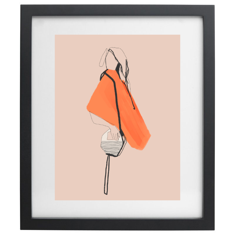 Minimalist orange fashion outfit artwork in a black frame