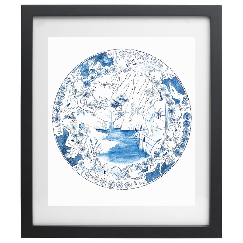 Blue and white watercolour artwork resembling a china plate with human figure and nature elements in a black frame