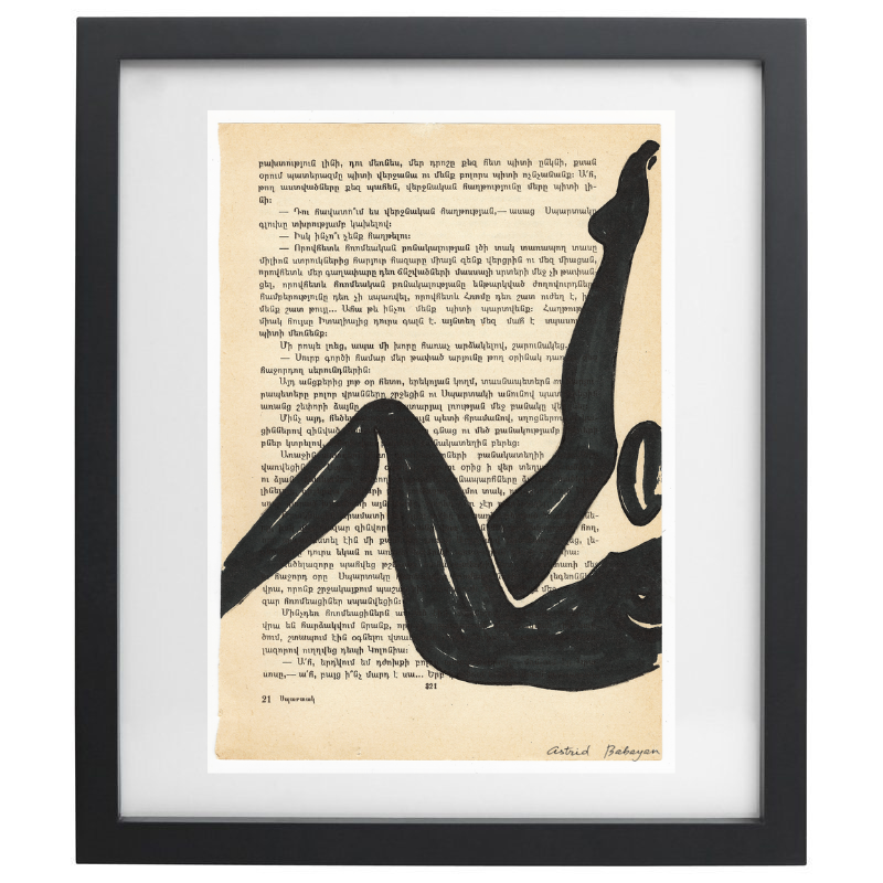 Minimalist artwork of a female form on top of a page of a book with a black frame