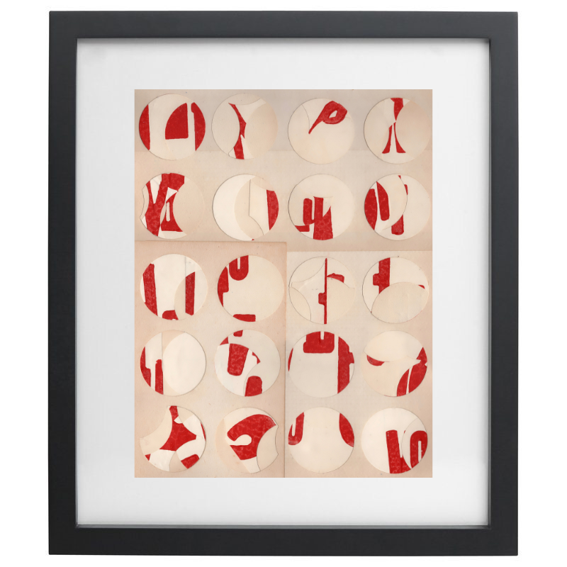 Abstract red and beige artwork in a black frame