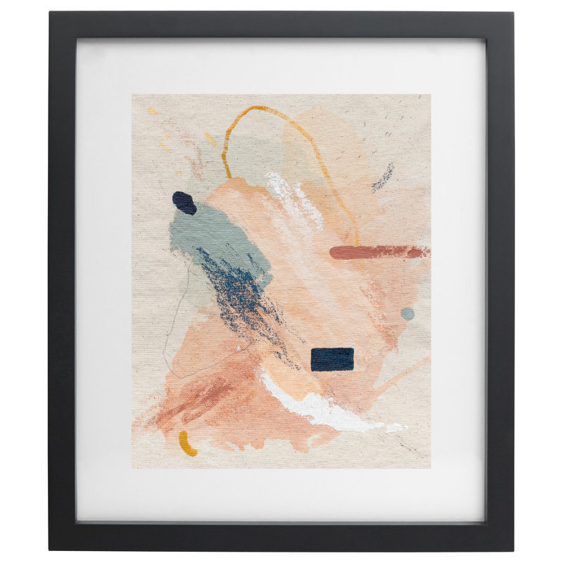 Pink, blue and orange abstract artwork in a black frame