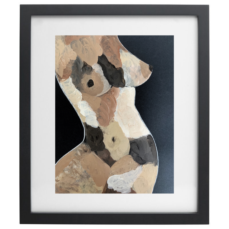 Neutral coloured female form artwork in a black frame