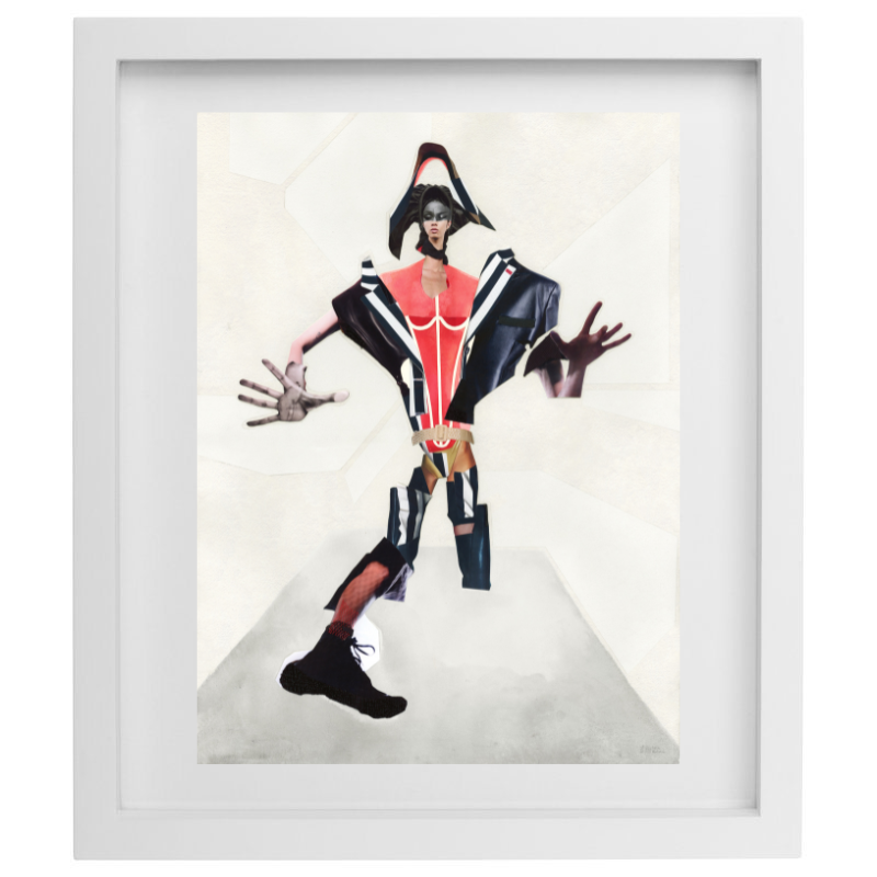 Human form collage artwork in a white frame