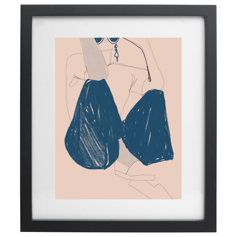 Blue minimalist fashion artwork in a black frame