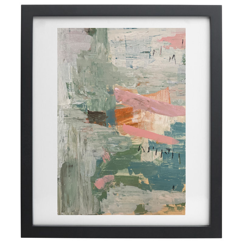 Blue, green, and pink abstract artwork in a black frame