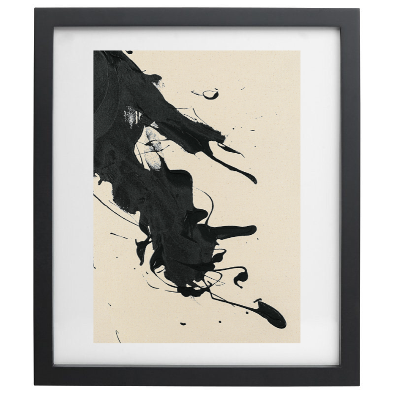 Abstract black paint splatter artwork in a black frame