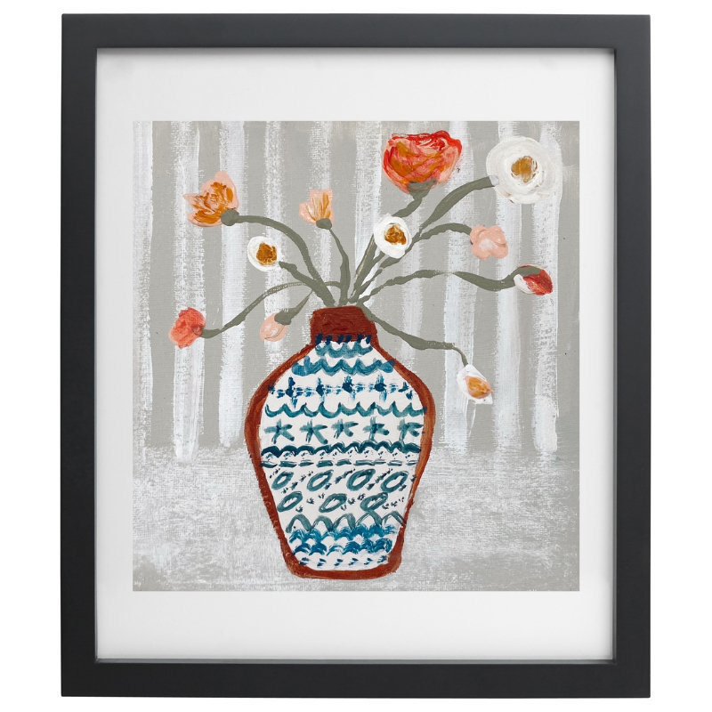 Artwork of flowers in a patterned vase with a striped background in a black frame