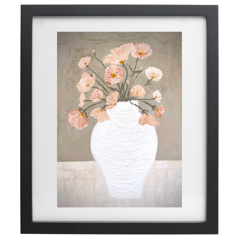 Artwork of a white vase with light pink flowers over a grey background with a black frame