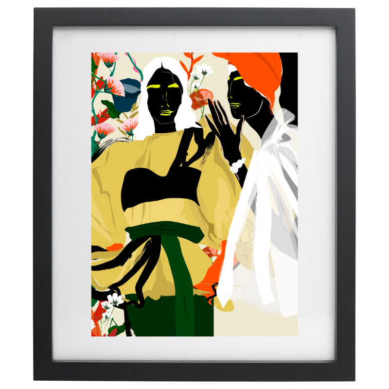 Female forms and florals colour blocked artwork in a black frame