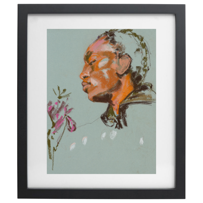 Abstract human face with flowers over a teal background in a black frame