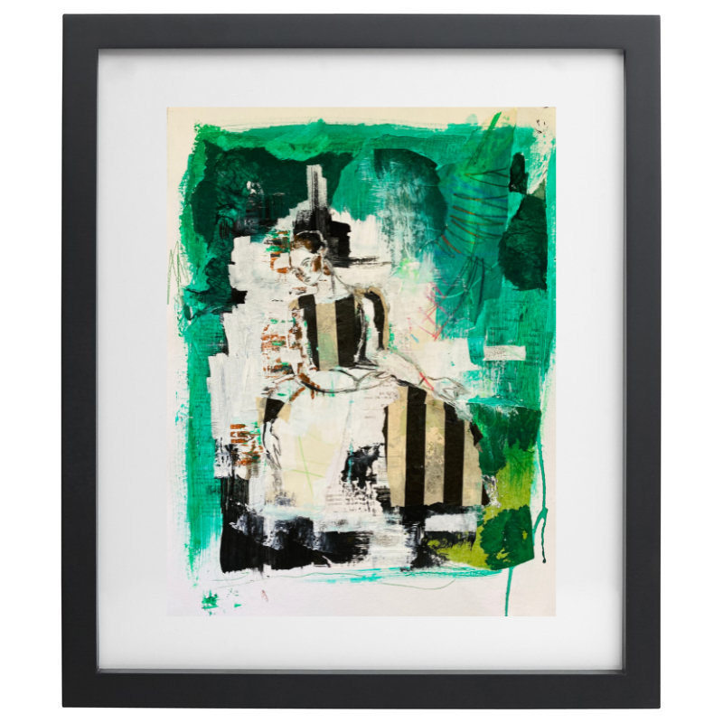 Abstract mixed media female form with green background in a black frame