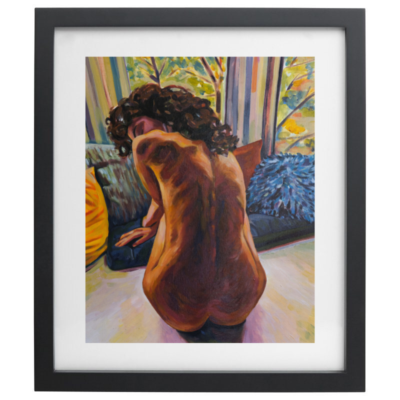 Artwork of a nude female figure with a colourful background in a black frame