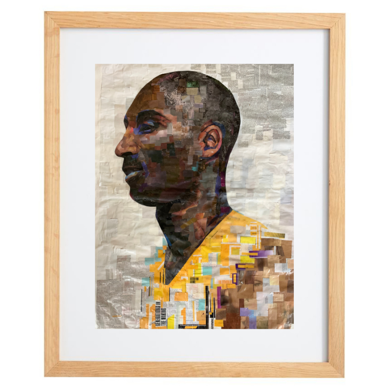 Collage artwork of Kobe Bryant in a natural frame