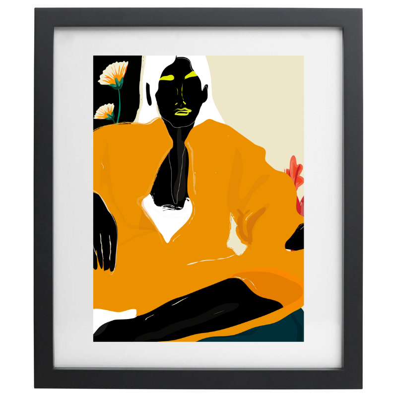 Woman in an orange outfit artwork in a black frame