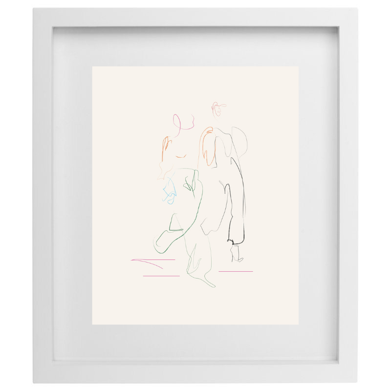 Abstract minimalist multicolour line artwork in a white frame