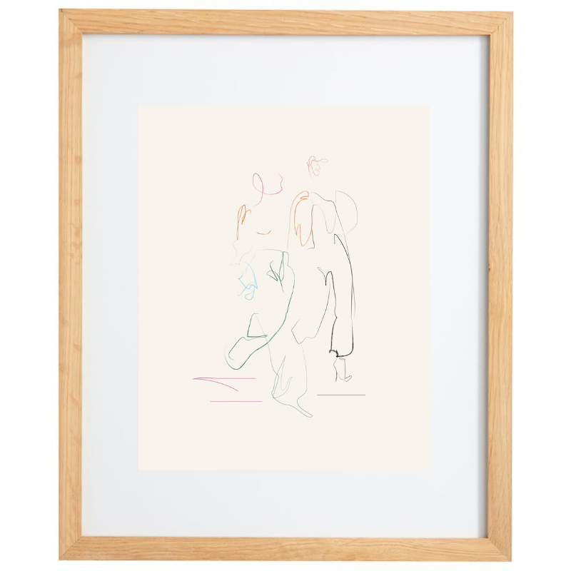 Abstract minimalist multicolour line artwork in a natural frame