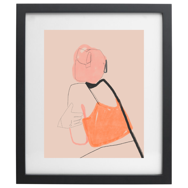 Abstract pink and orange outfit artwork in a black frame
