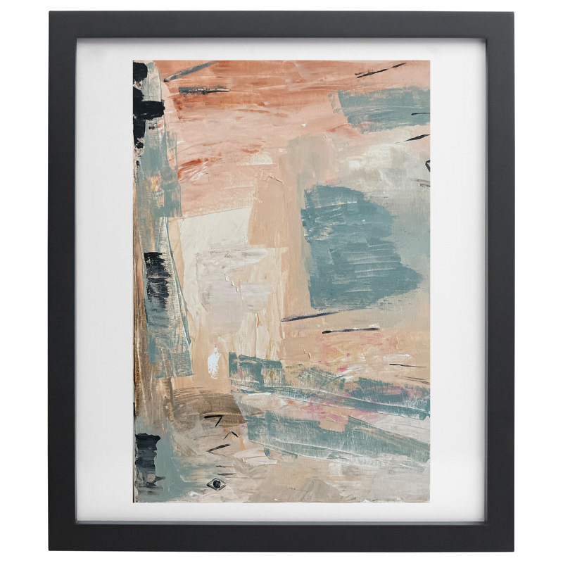 Abstract blue, beige, and pink artwork in a black frame