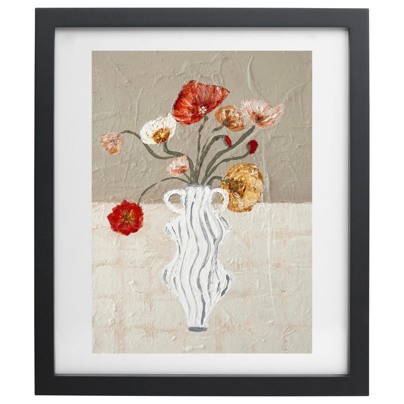 Artwork of a striped vase with poppies over a neutral background in a black frame