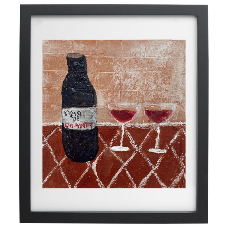 Abstract wine bottle and glasses artwork in a black frame
