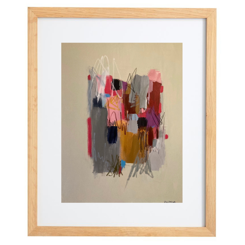 Multicolour brushstroke artwork in a natural frame