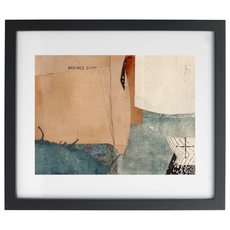 Abstract vintage paper collage artwork in a black frame