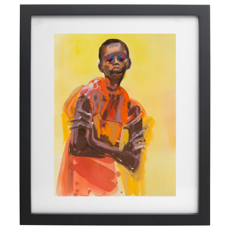Abstract human form in an orange outfit over a yellow background with a black frame