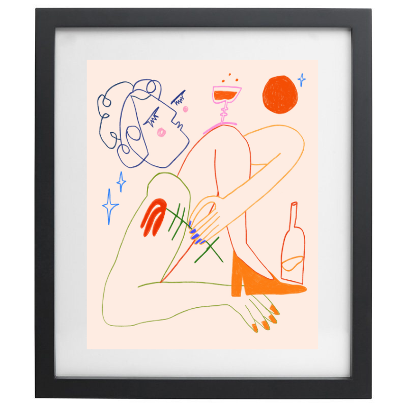 Abstract female form colourful line artwork in a black frame
