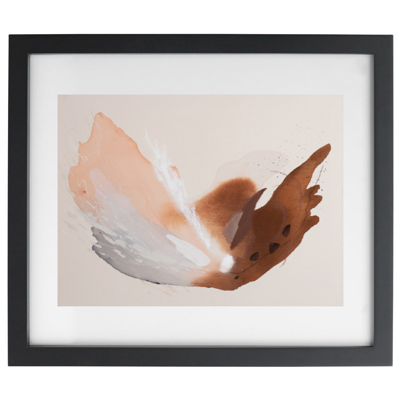 Neutral shades of pink watercolour artwork in a black frame