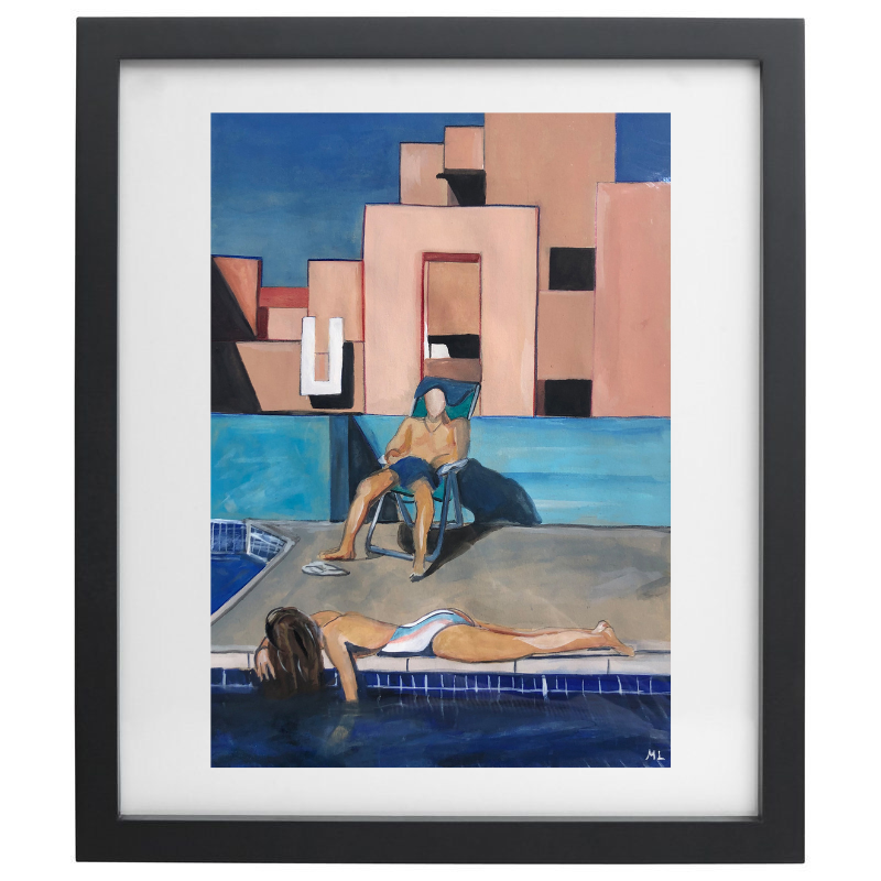 Humans poolside artwork in a black frame