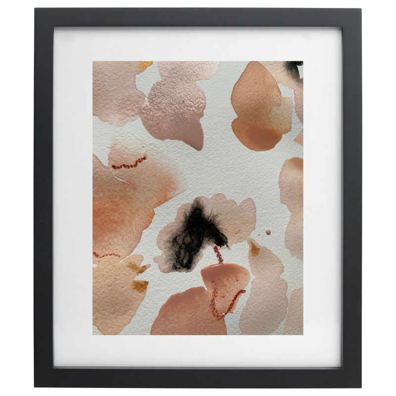 Abstract pink watercolour artwork in a black frame