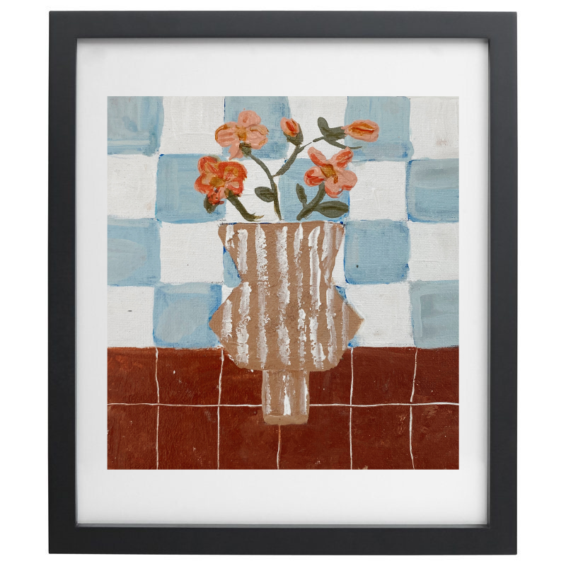 Artwork of a striped vase with flowers over a light blue checkered background in a black frame