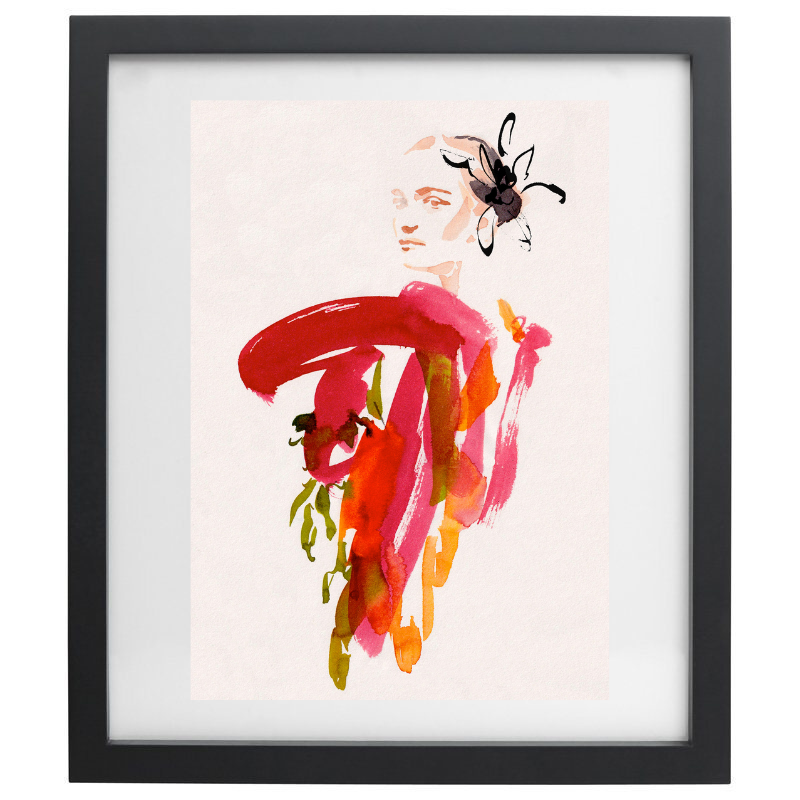 Abstract colourful watercolour woman artwork in a black frame