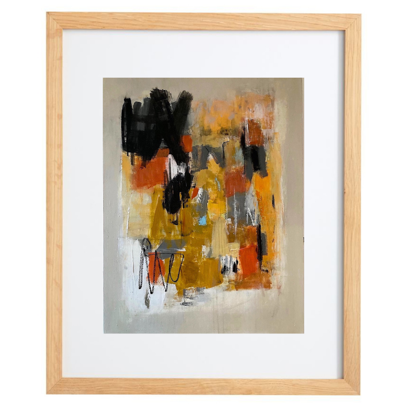 Yellow, orange, and black brushstroke artwork in a natural frame