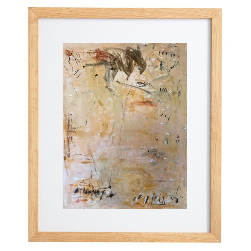 Abstract neutral brushstroke artwork in a natural frame