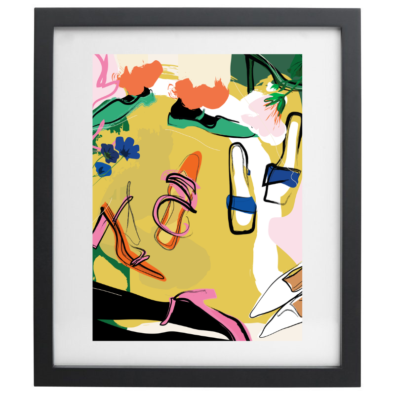 Colourful abstract heel artwork in a black frame